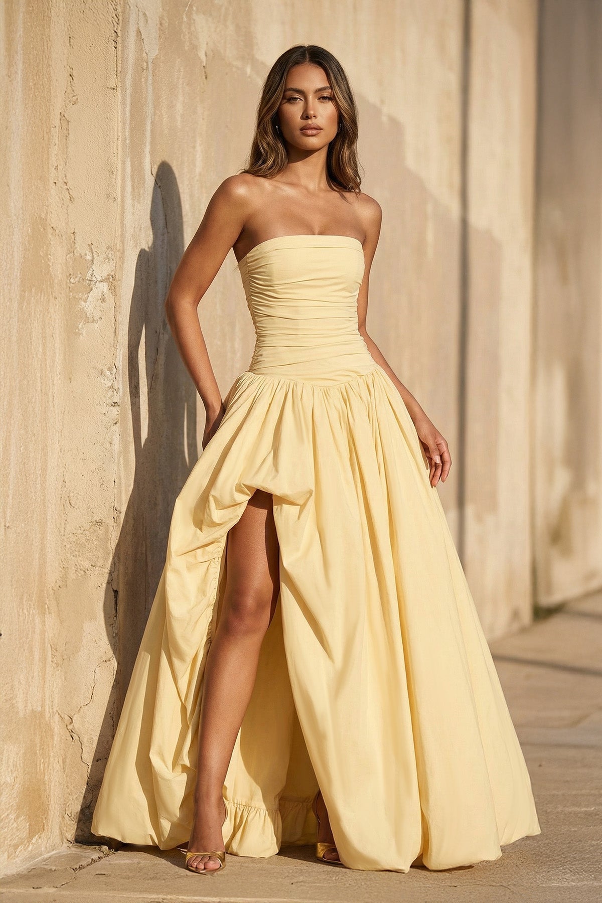 Strapless Ruched Gown With Slit in Yellow