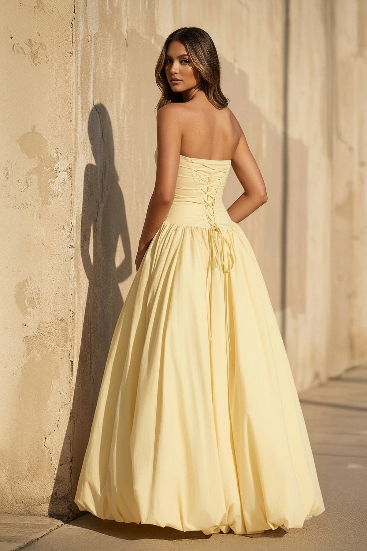 Strapless Ruched Gown With Slit in Yellow
