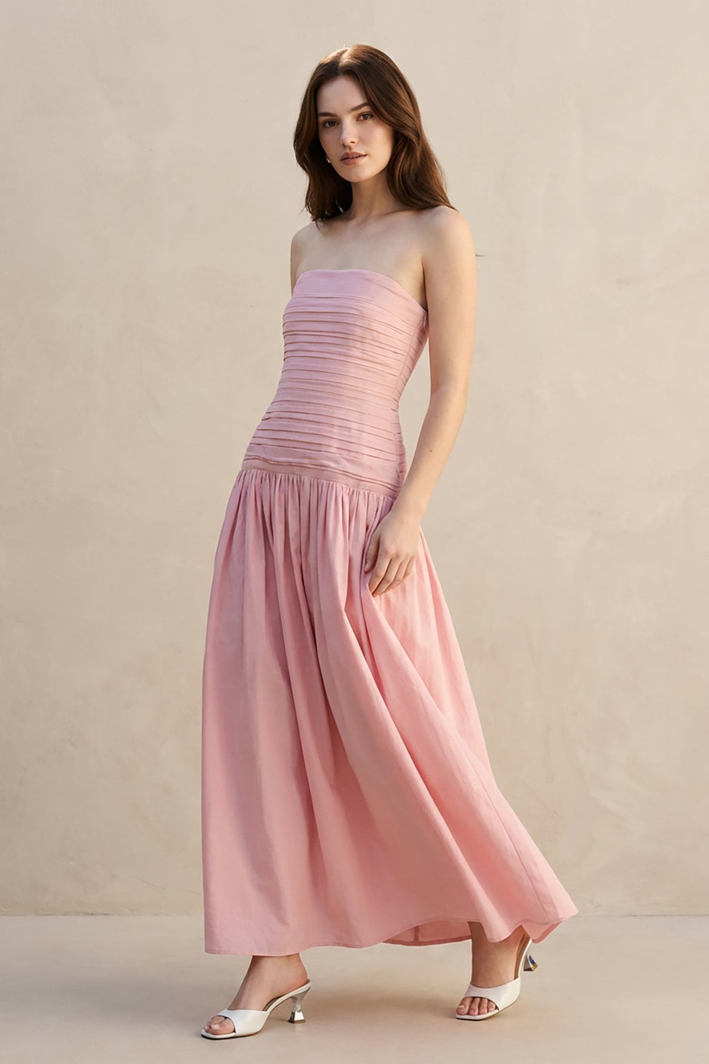 Strapless Ruched Maxi Dress in Blush