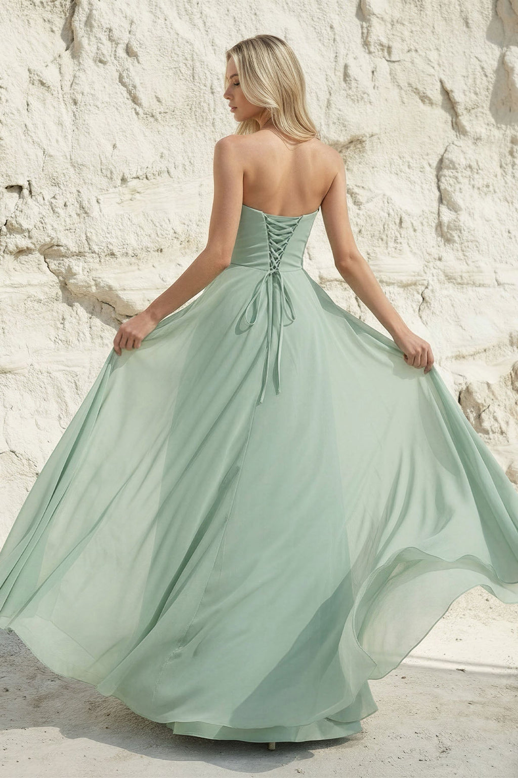 Strapless Ruched Maxi Dress in Mint Green