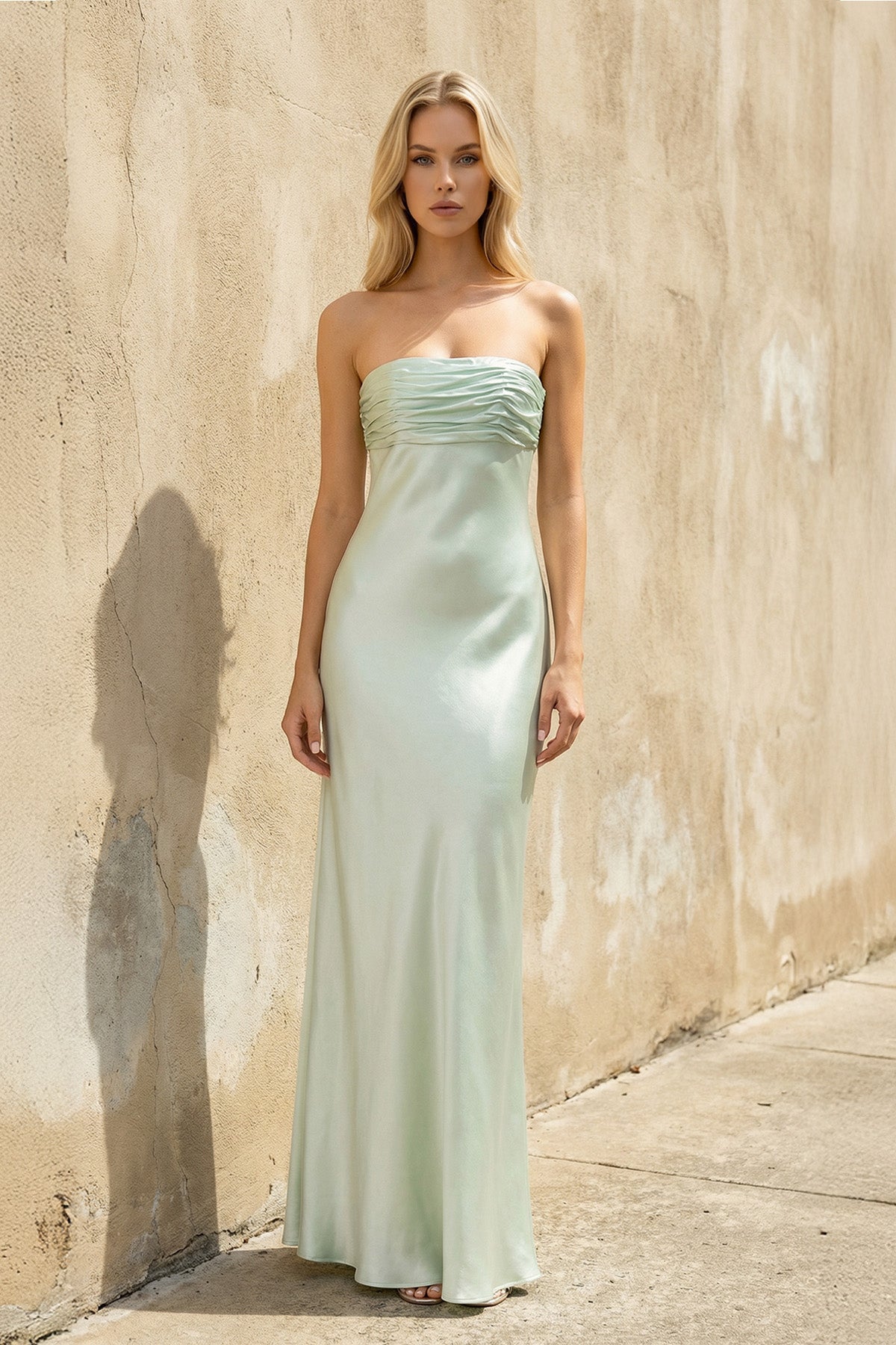 Strapless Ruched Maxi Dress in Mint Green