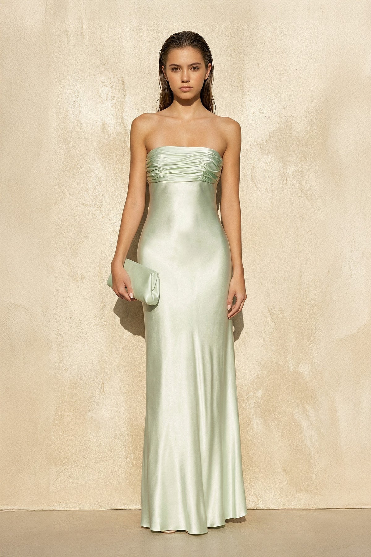 Strapless Ruched Maxi Dress in Mint Green