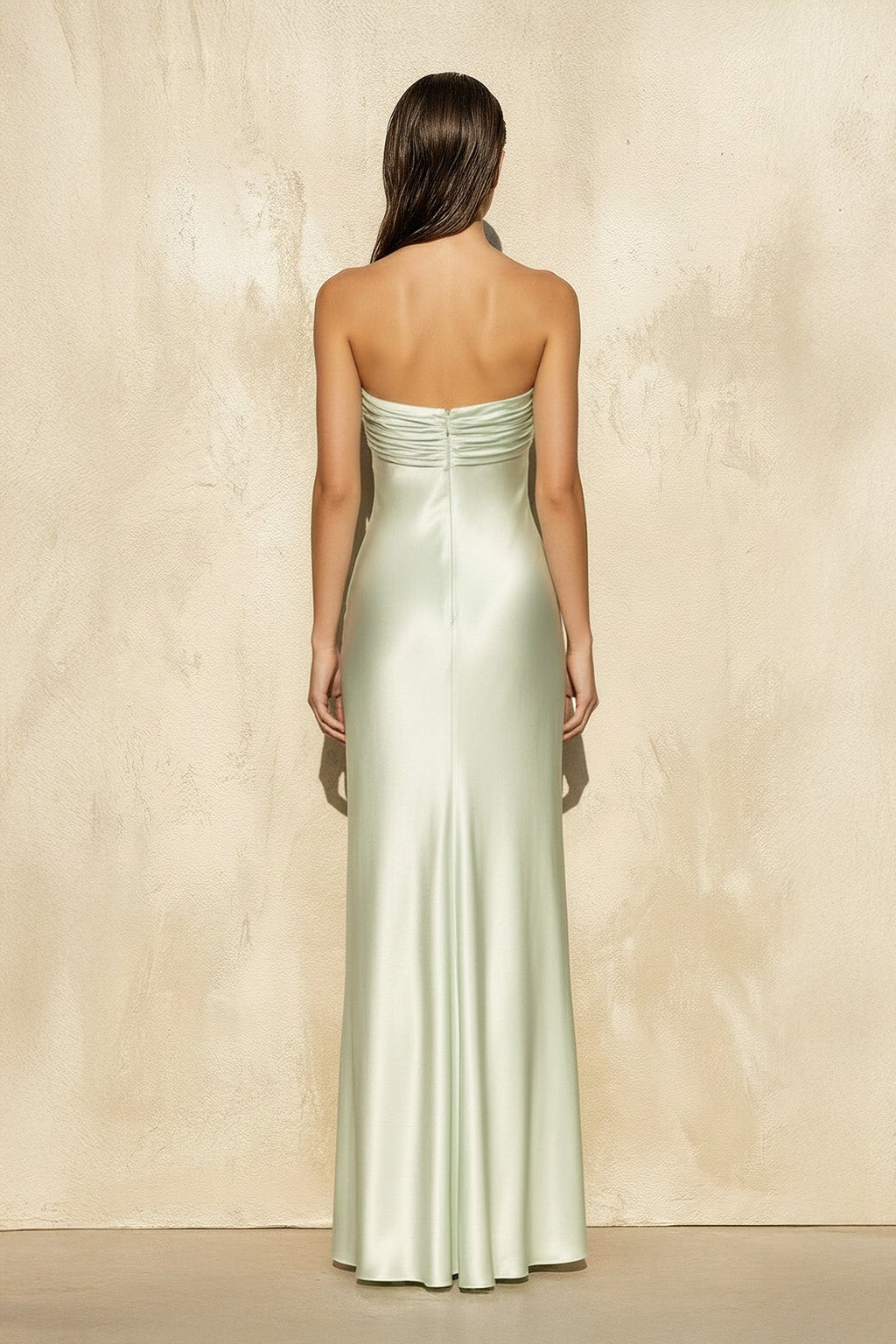 Strapless Ruched Maxi Dress in Mint Green