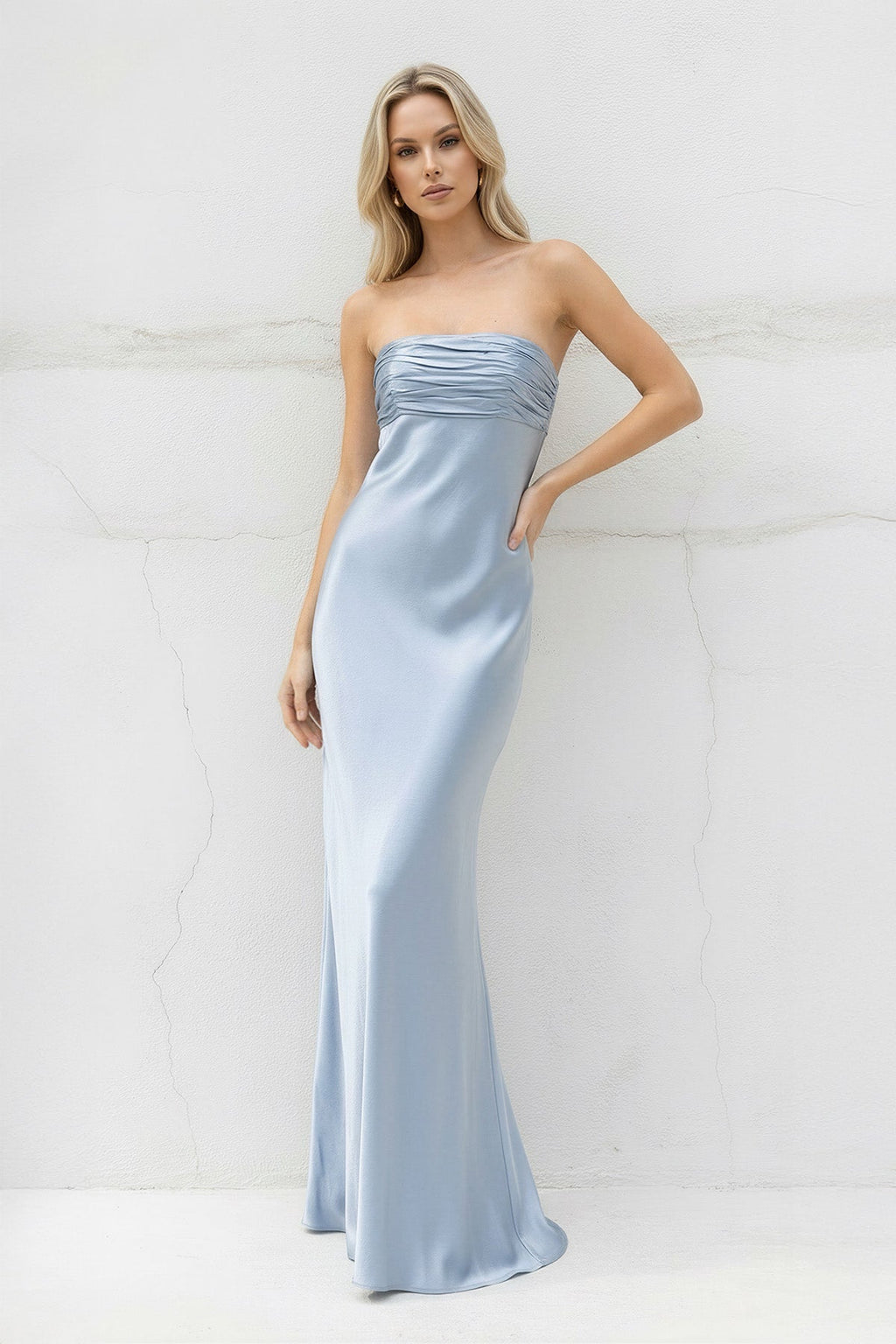 Strapless Ruched Maxi Dress in Sky Blue