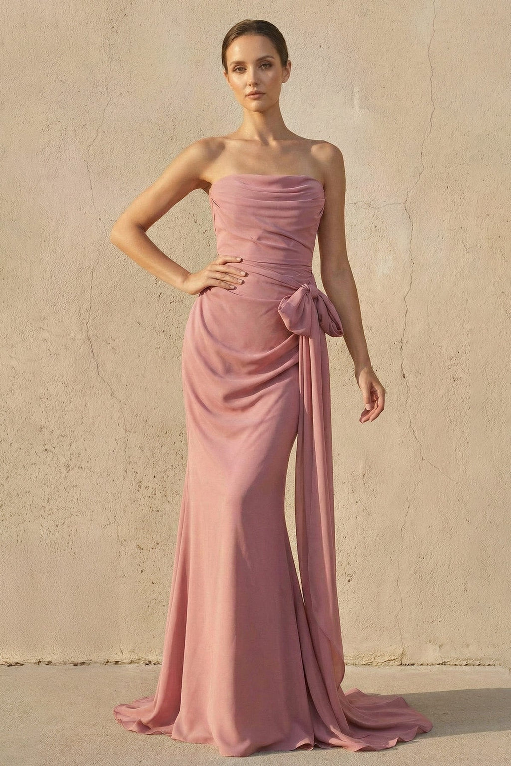 Strapless Ruched Maxi Dress With Bow in Mulberry