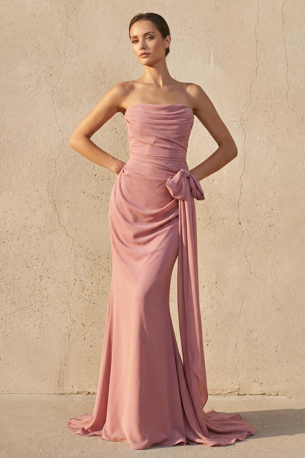 Strapless Ruched Maxi Dress With Bow in Mulberry
