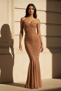 Strapless Ruched Mermaid Maxi Dress in Brown
