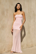 Strapless Ruched Mesh Maxi Dress in Pink