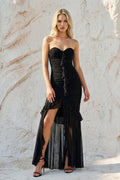 Strapless Ruched Ruffle High-Low Maxi Dress in Black