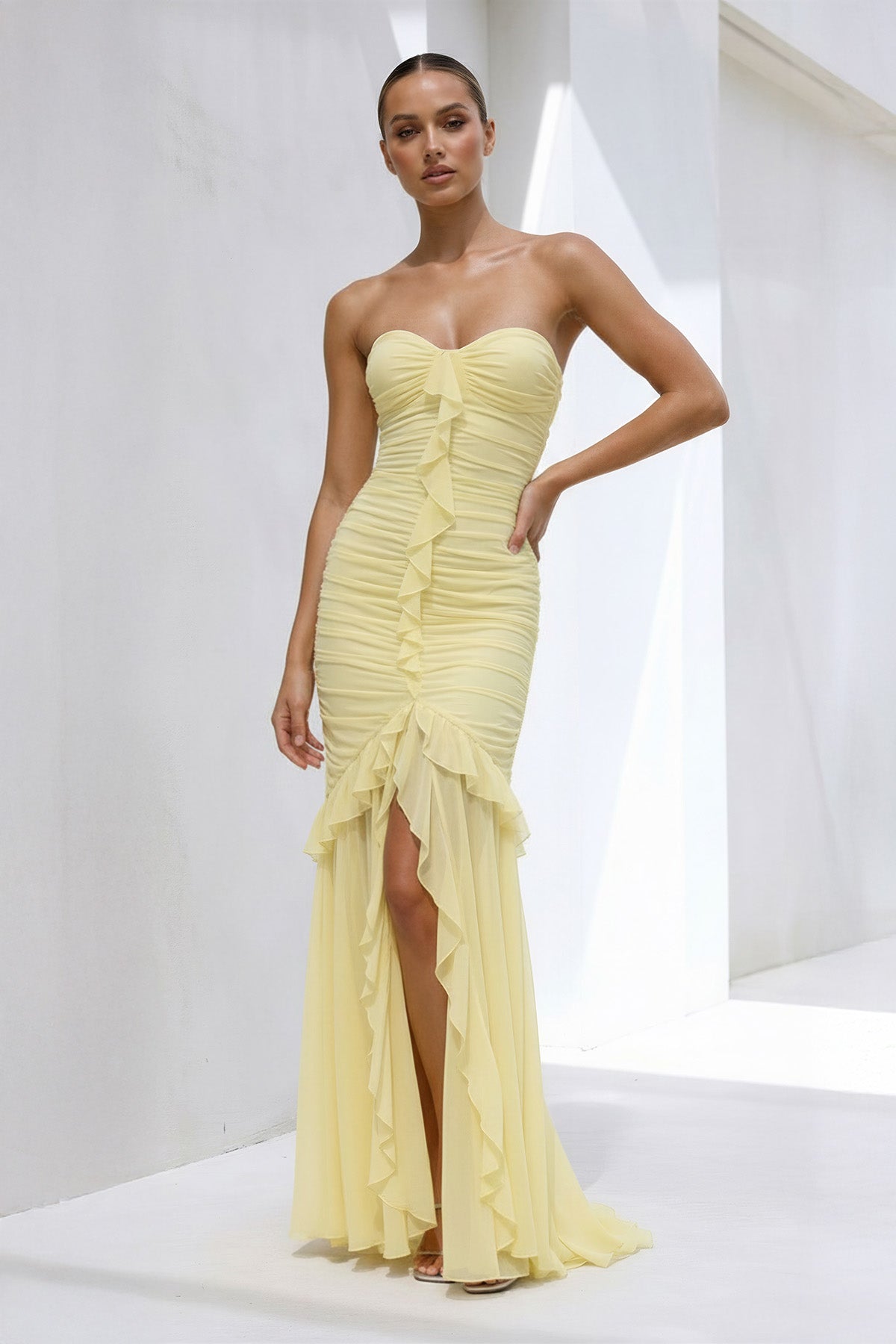 Strapless Ruched Ruffle High-Low Maxi Dress in Yellow