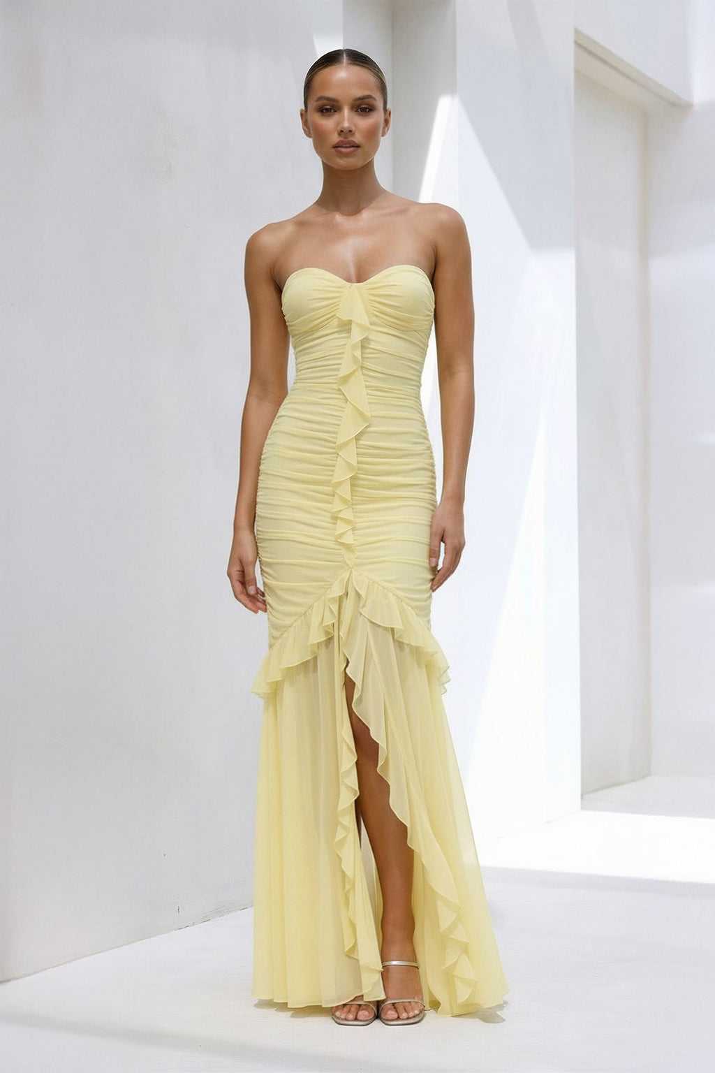 Strapless Ruched Ruffle High-Low Maxi Dress in Yellow
