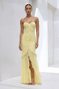 Strapless Ruched Ruffle High-Low Maxi Dress in Yellow
