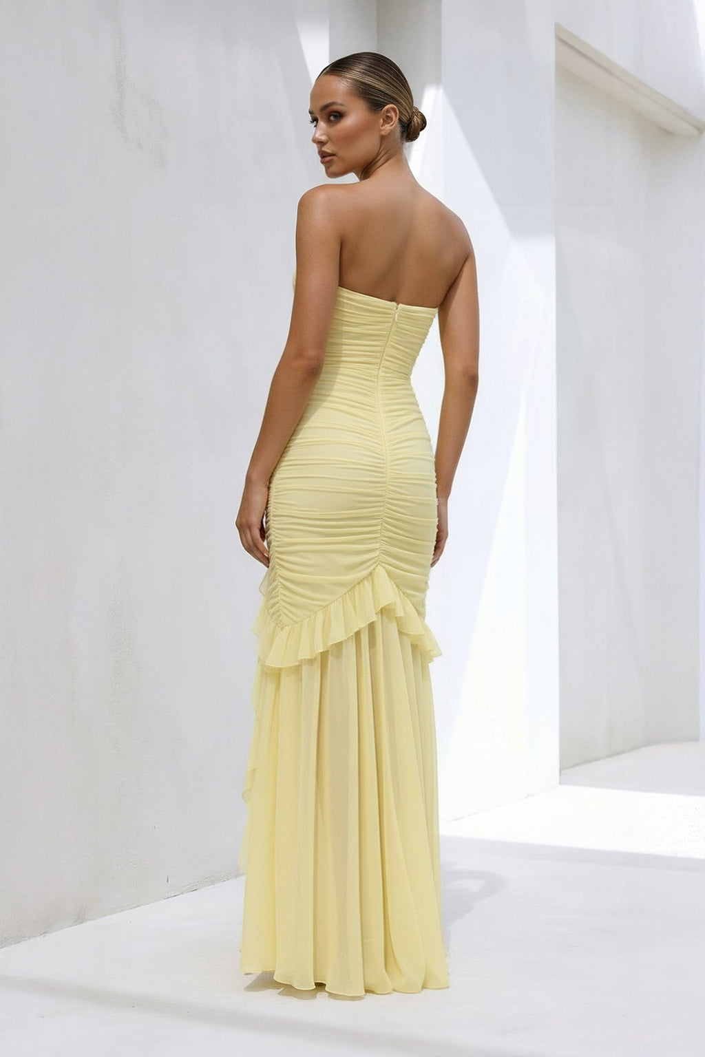 Strapless Ruched Ruffle High-Low Maxi Dress in Yellow