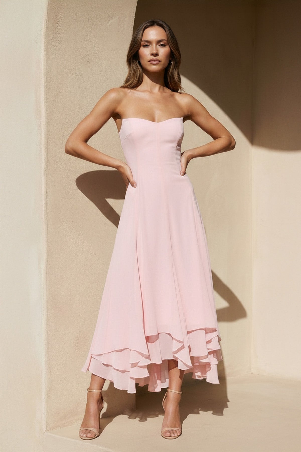 Strapless Ruffled A-Line Midi Dress in Pink