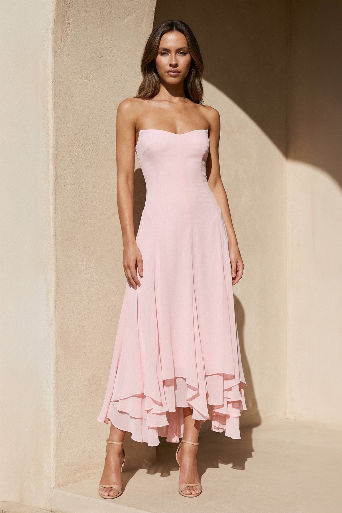 Strapless Ruffled A-Line Midi Dress in Pink