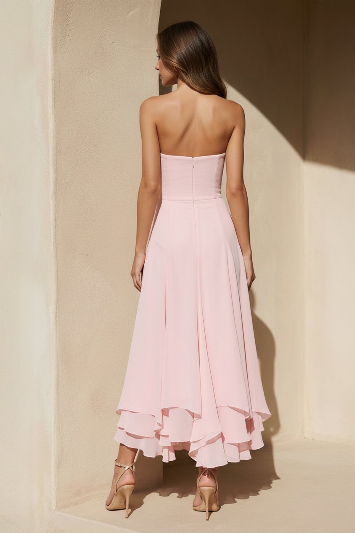 Strapless Ruffled A-Line Midi Dress in Pink