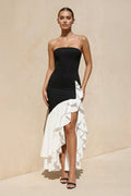 Strapless Ruffled High-Low Gown in Black and White
