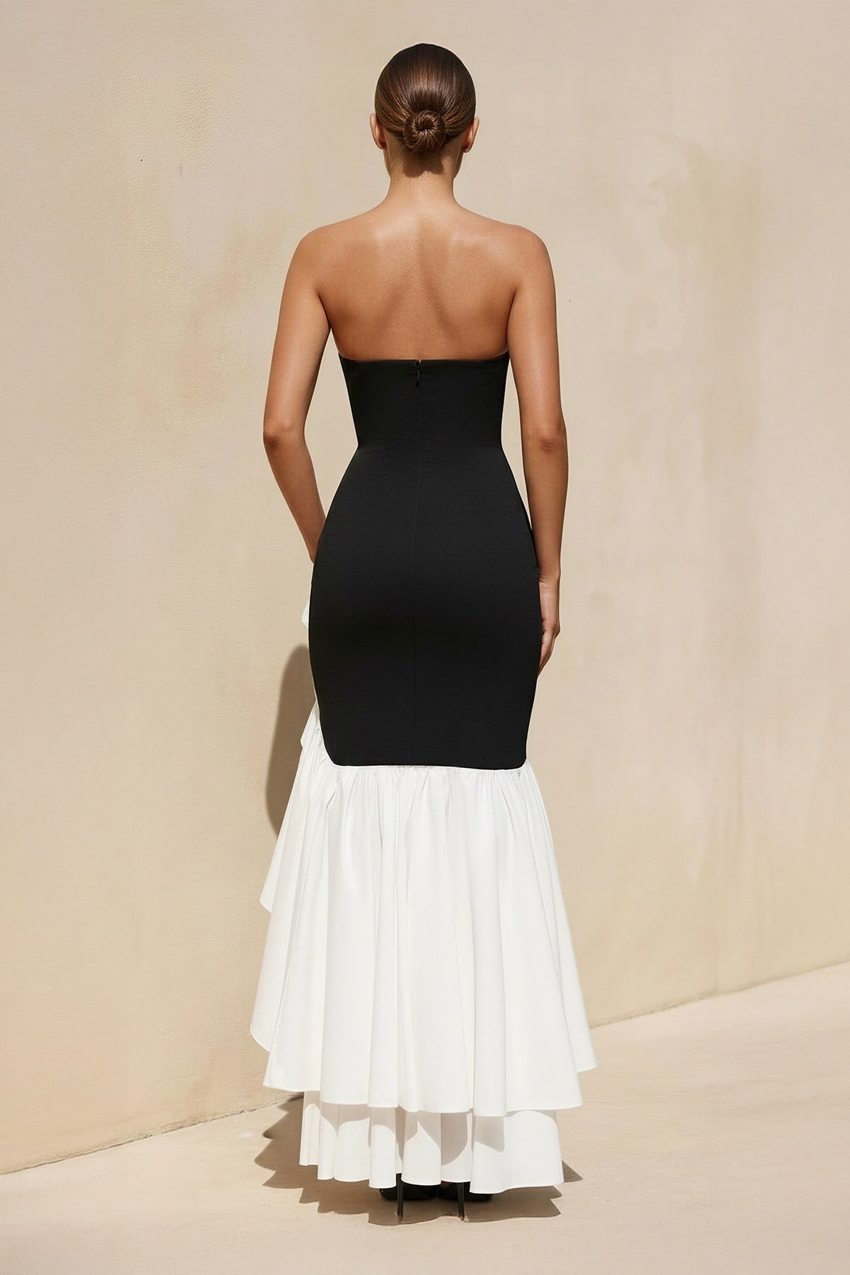 Strapless Ruffled High-Low Gown in Black and White