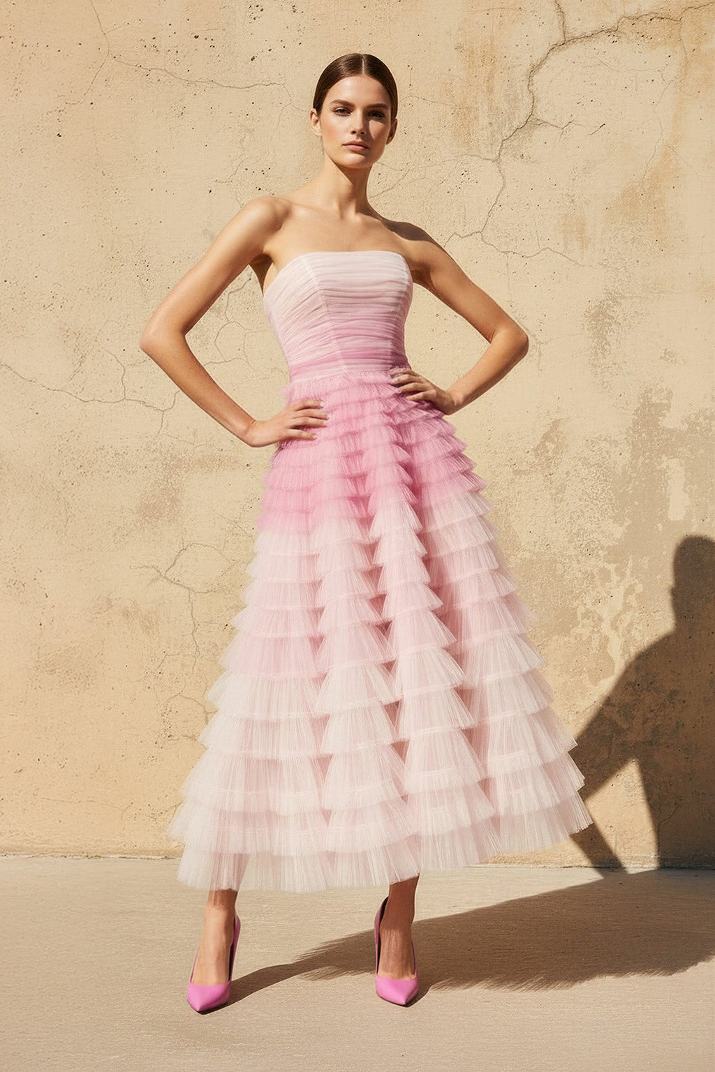 Strapless Ruffled Midi Dress in Pink