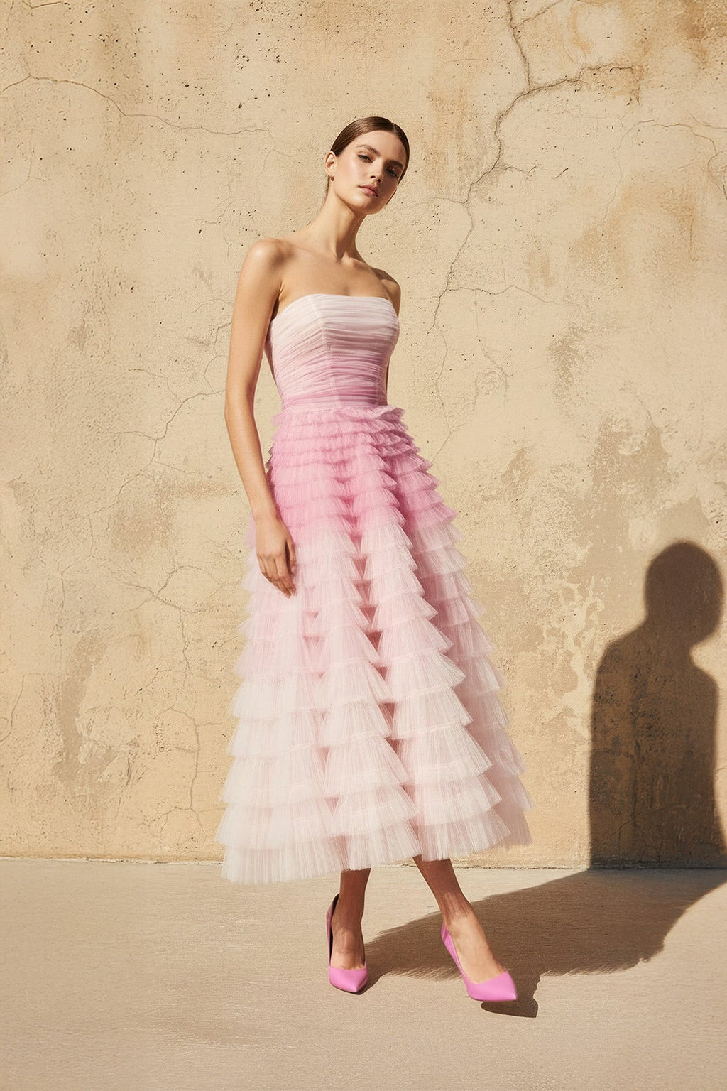 Strapless Ruffled Midi Dress in Pink