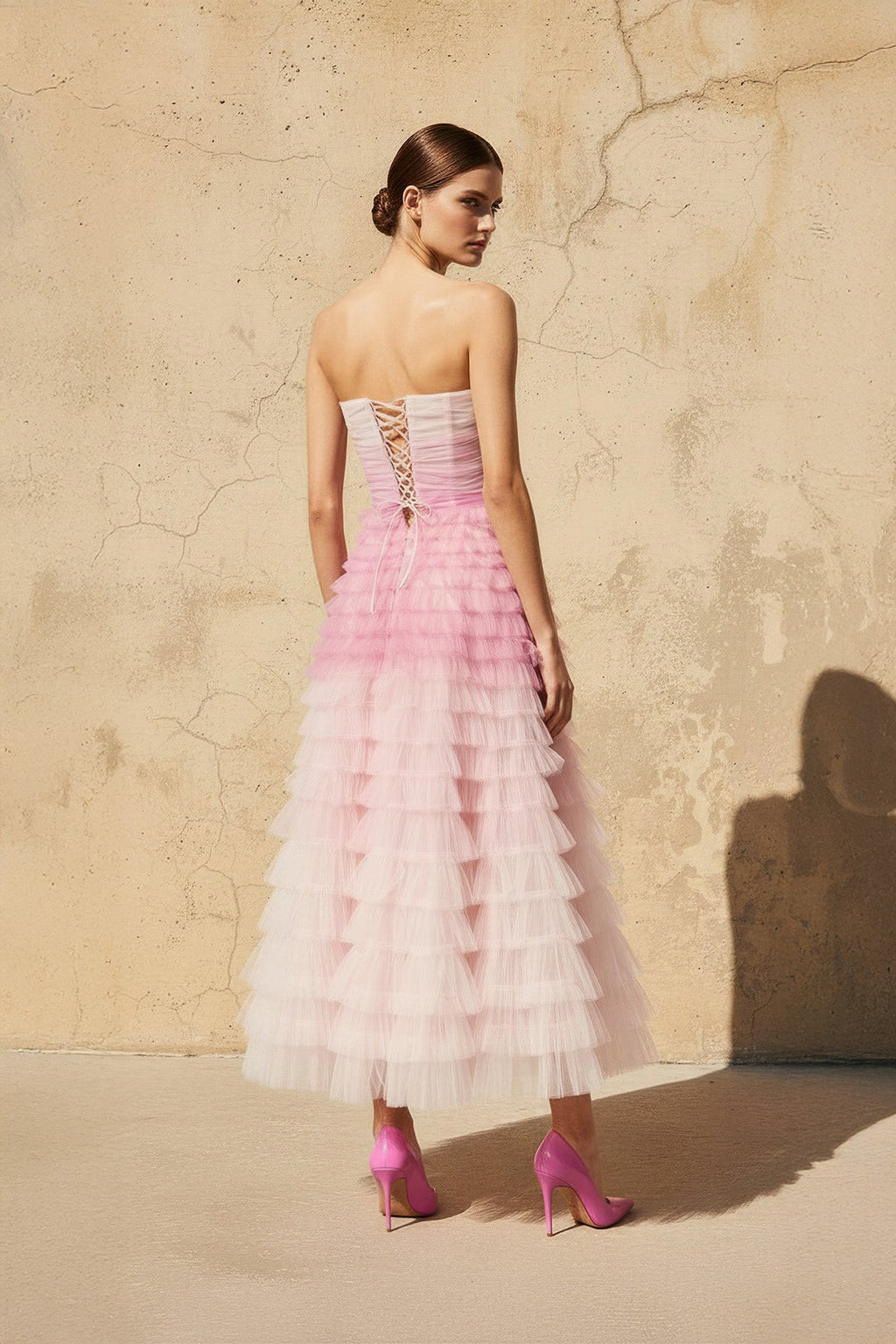 Strapless Ruffled Midi Dress in Pink