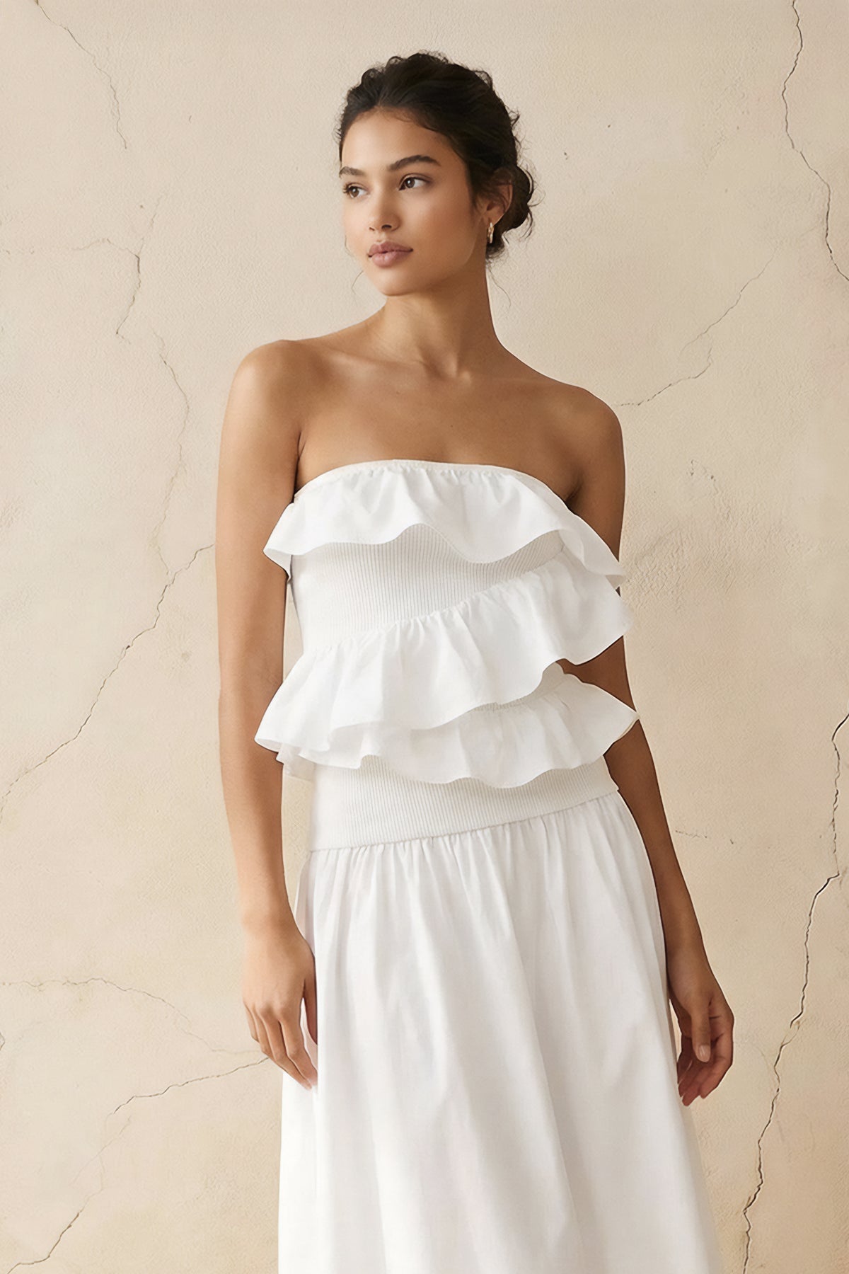 Strapless Ruffled Midi Dress in White