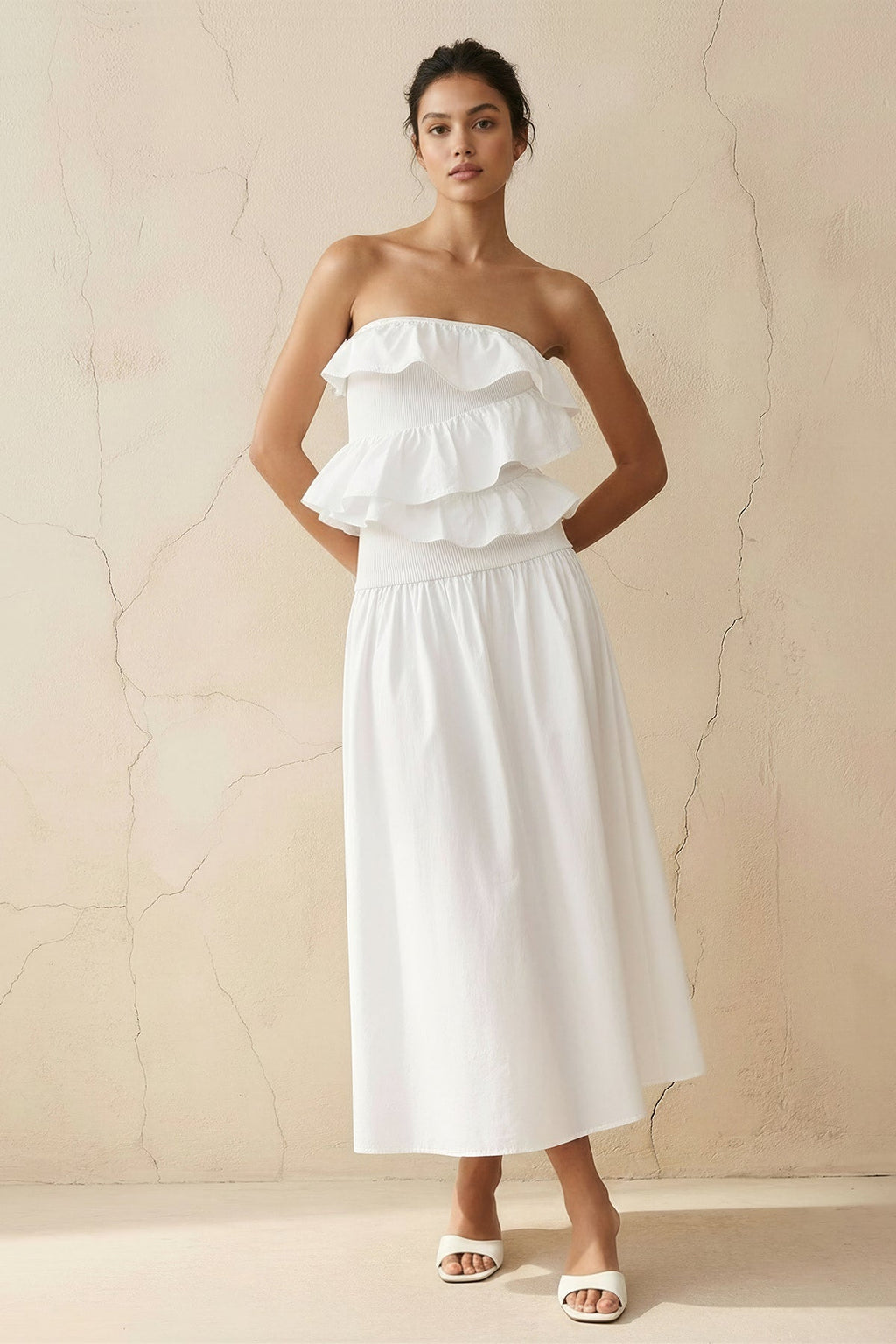 Strapless Ruffled Midi Dress in White