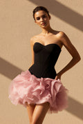 Strapless Ruffled Mini Dress in Black and Pink