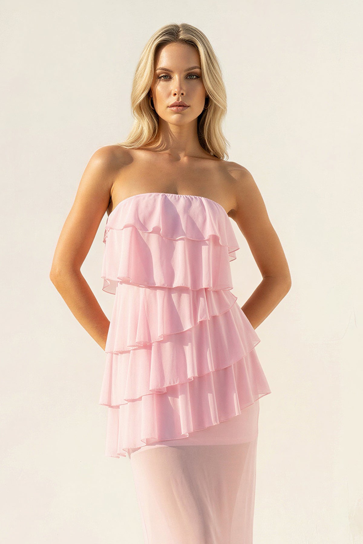 Strapless Ruffled Sheath Maxi Dress in Pink