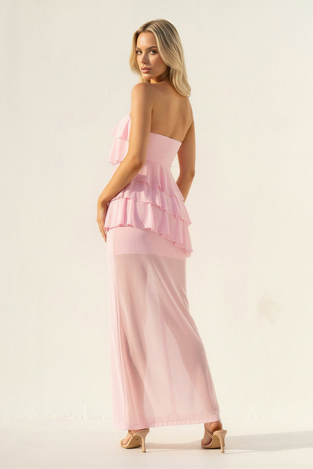 Strapless Ruffled Sheath Maxi Dress in Pink