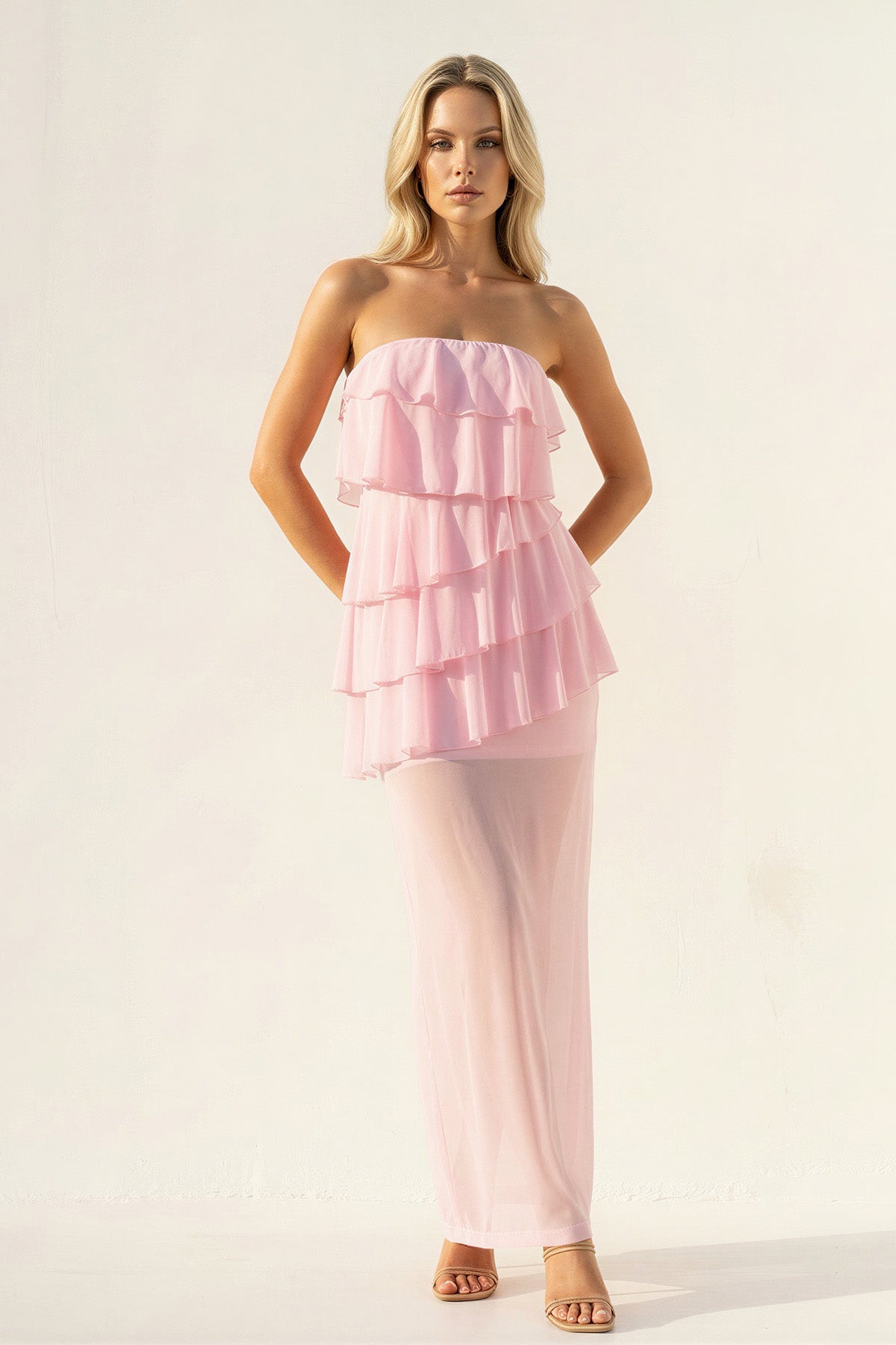Strapless Ruffled Sheath Maxi Dress in Pink