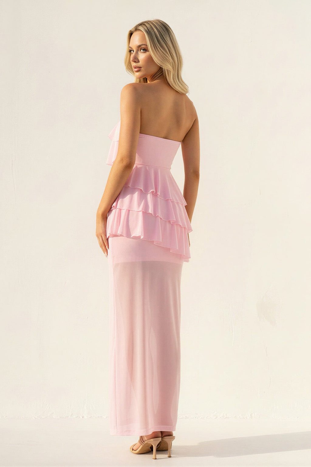 Strapless Ruffled Sheath Maxi Dress in Pink