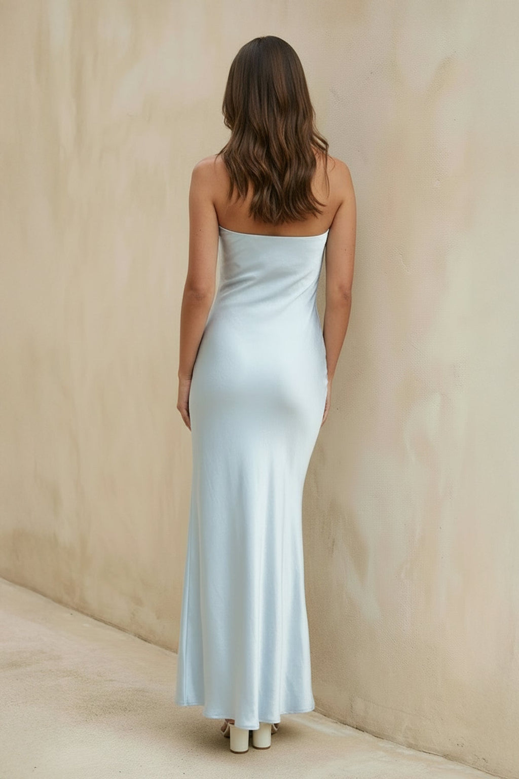 Strapless Satin Draped Maxi Dress in Sky Blue