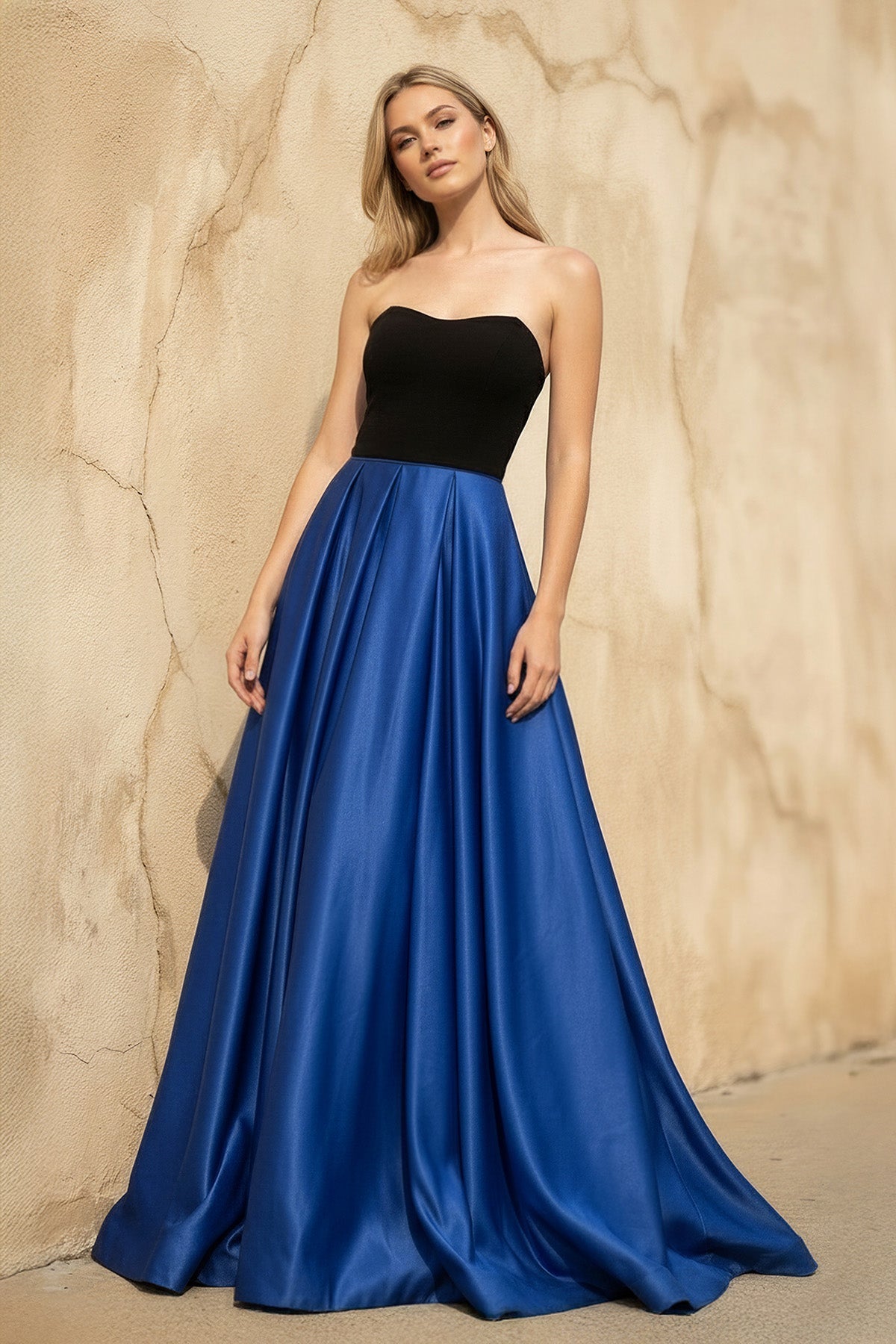 Strapless Satin Gown in Black and Royal Blue