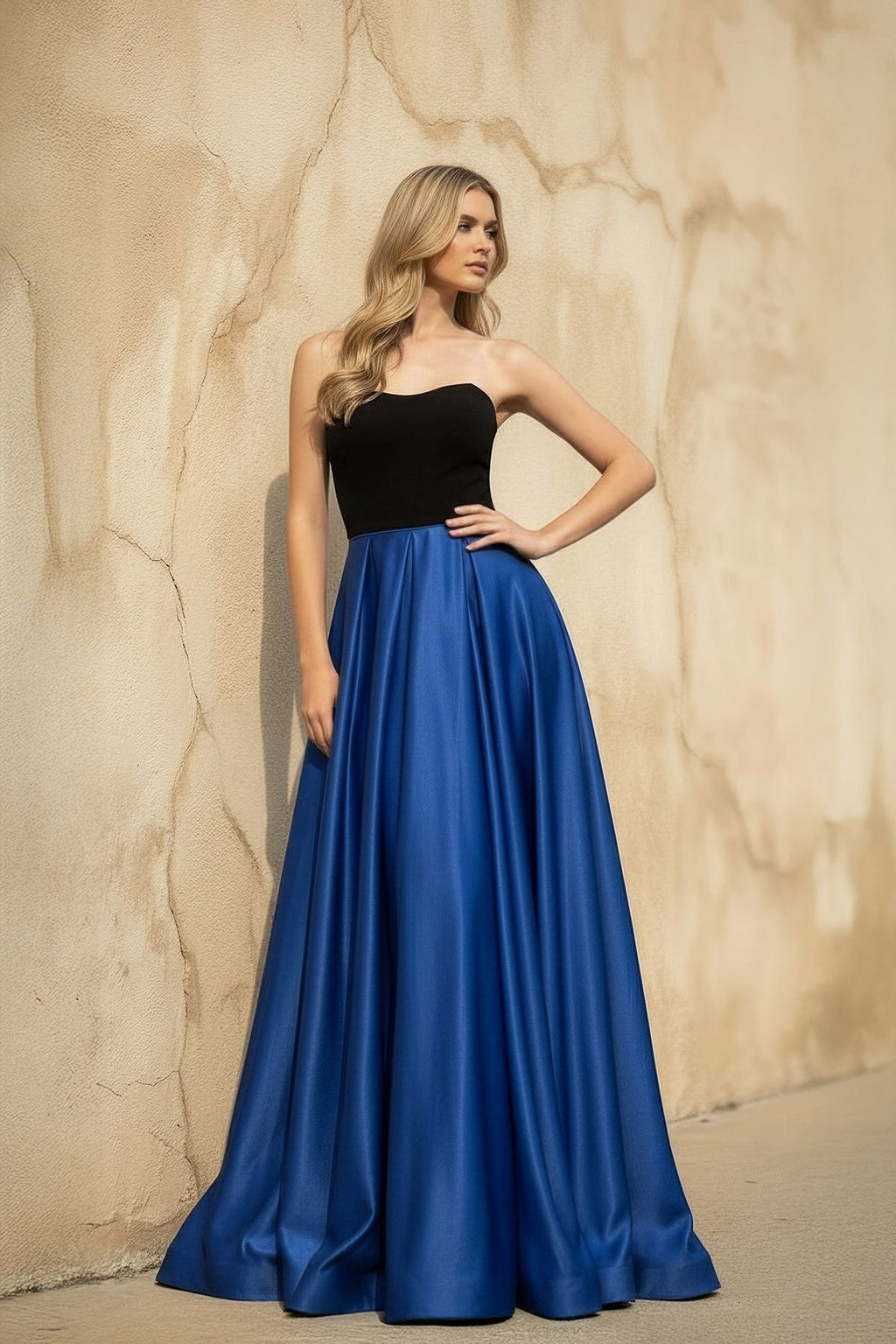 Strapless Satin Gown in Black and Royal Blue