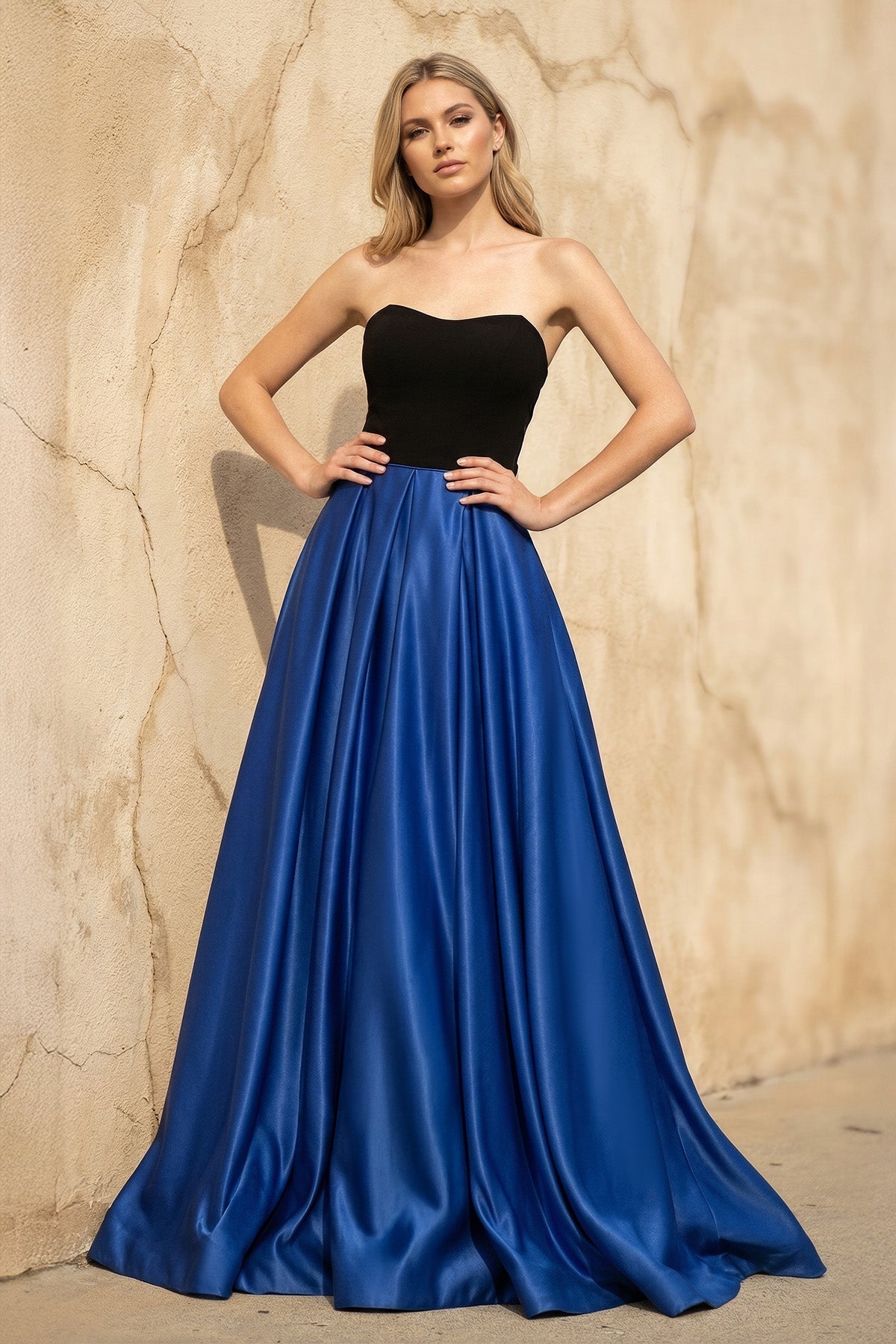 Strapless Satin Gown in Black and Royal Blue