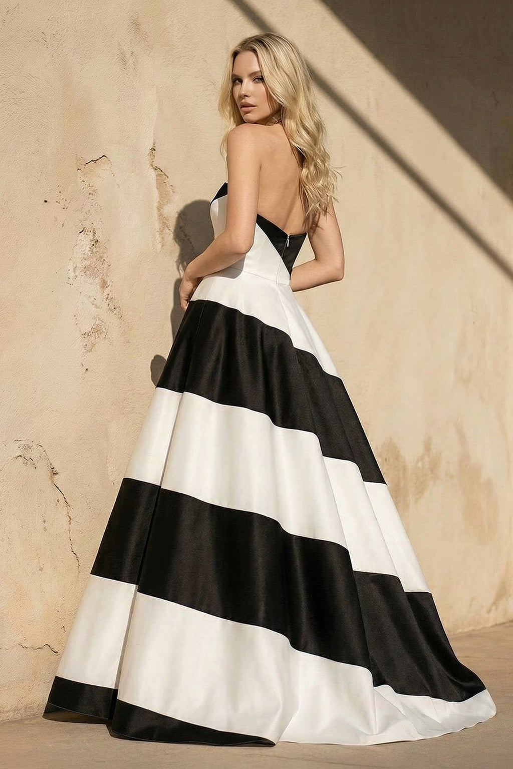 Strapless Satin Gown in Black and White