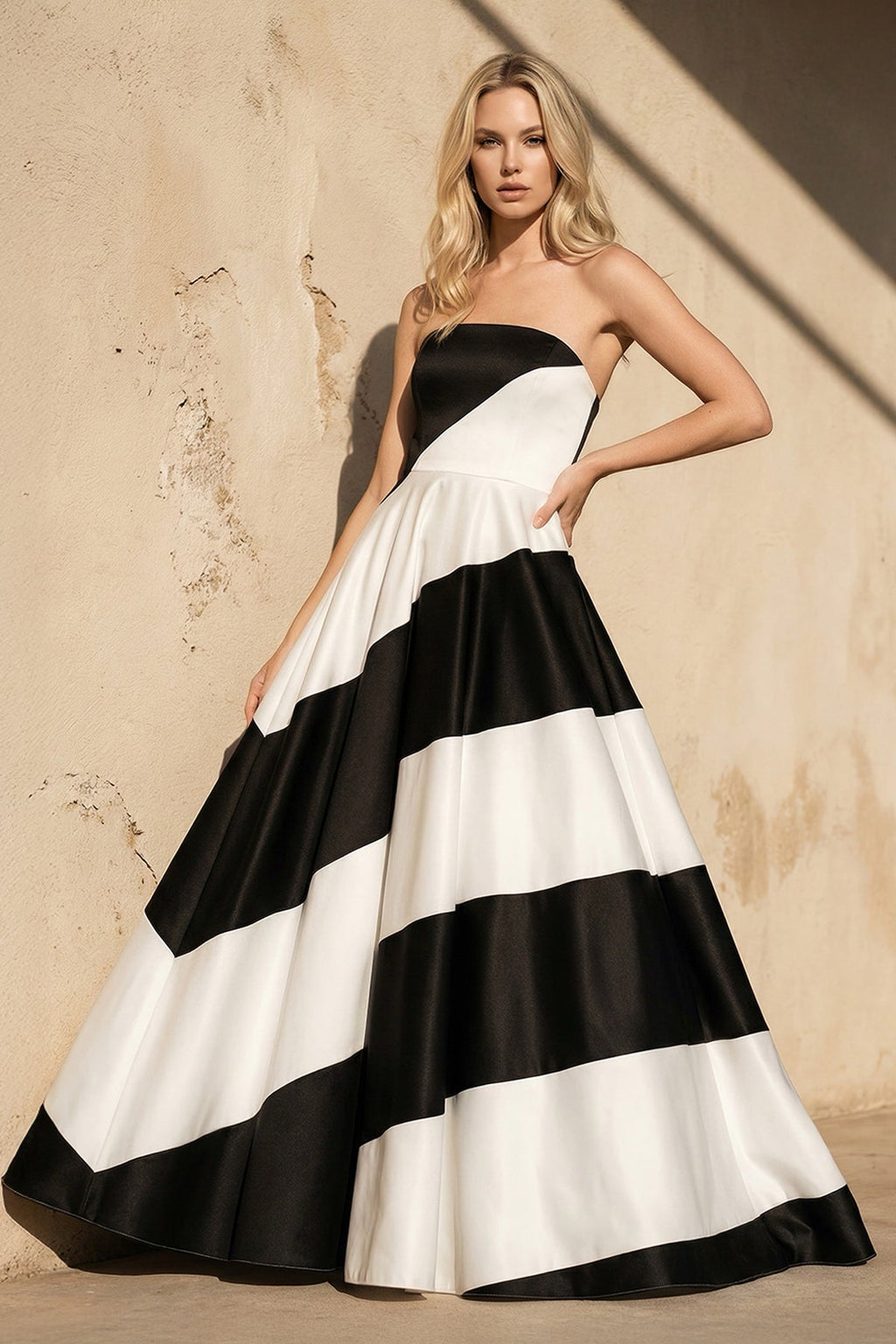 Strapless Satin Gown in Black and White