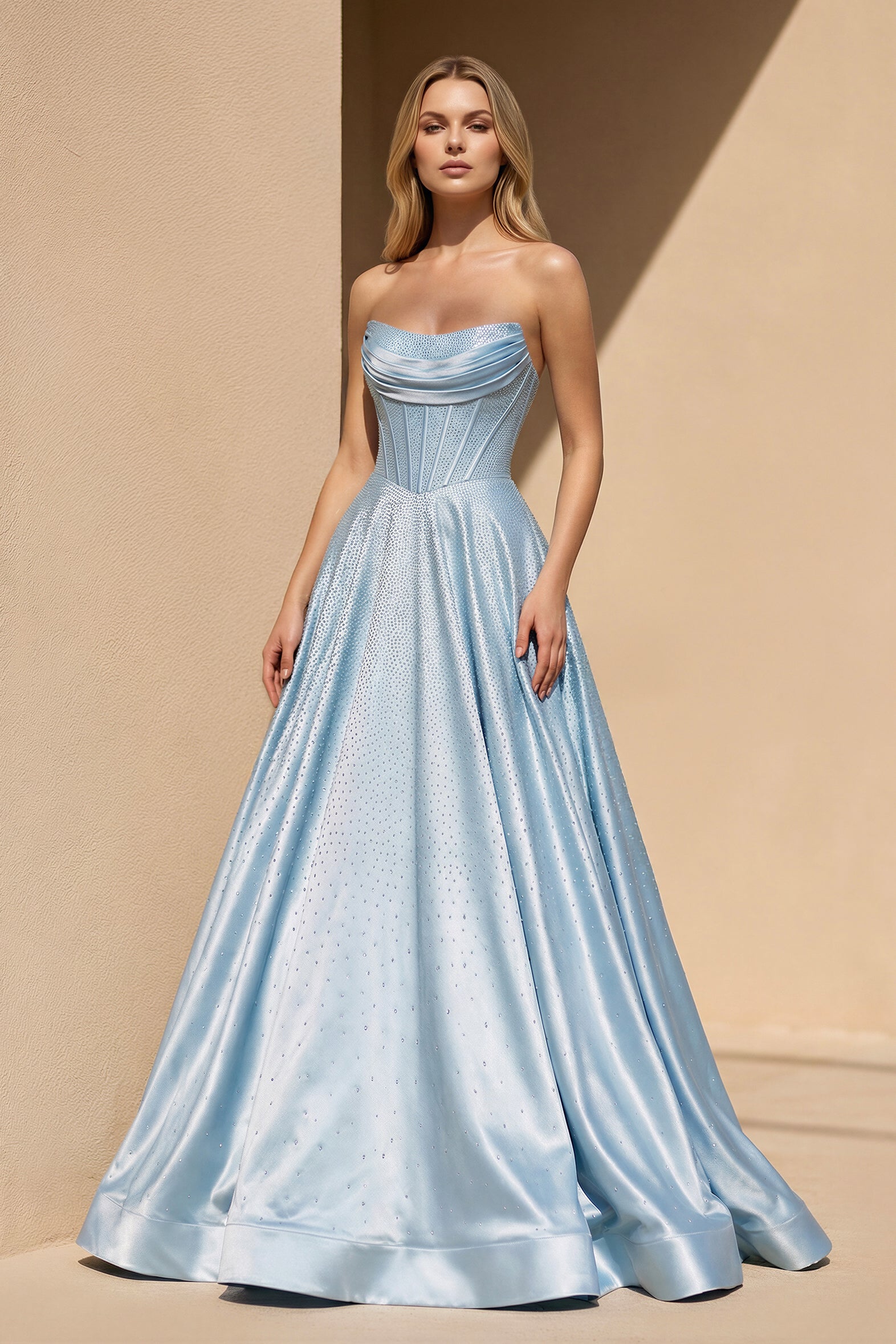 Strapless Satin Prom Dresses With Beading in Sky Blue