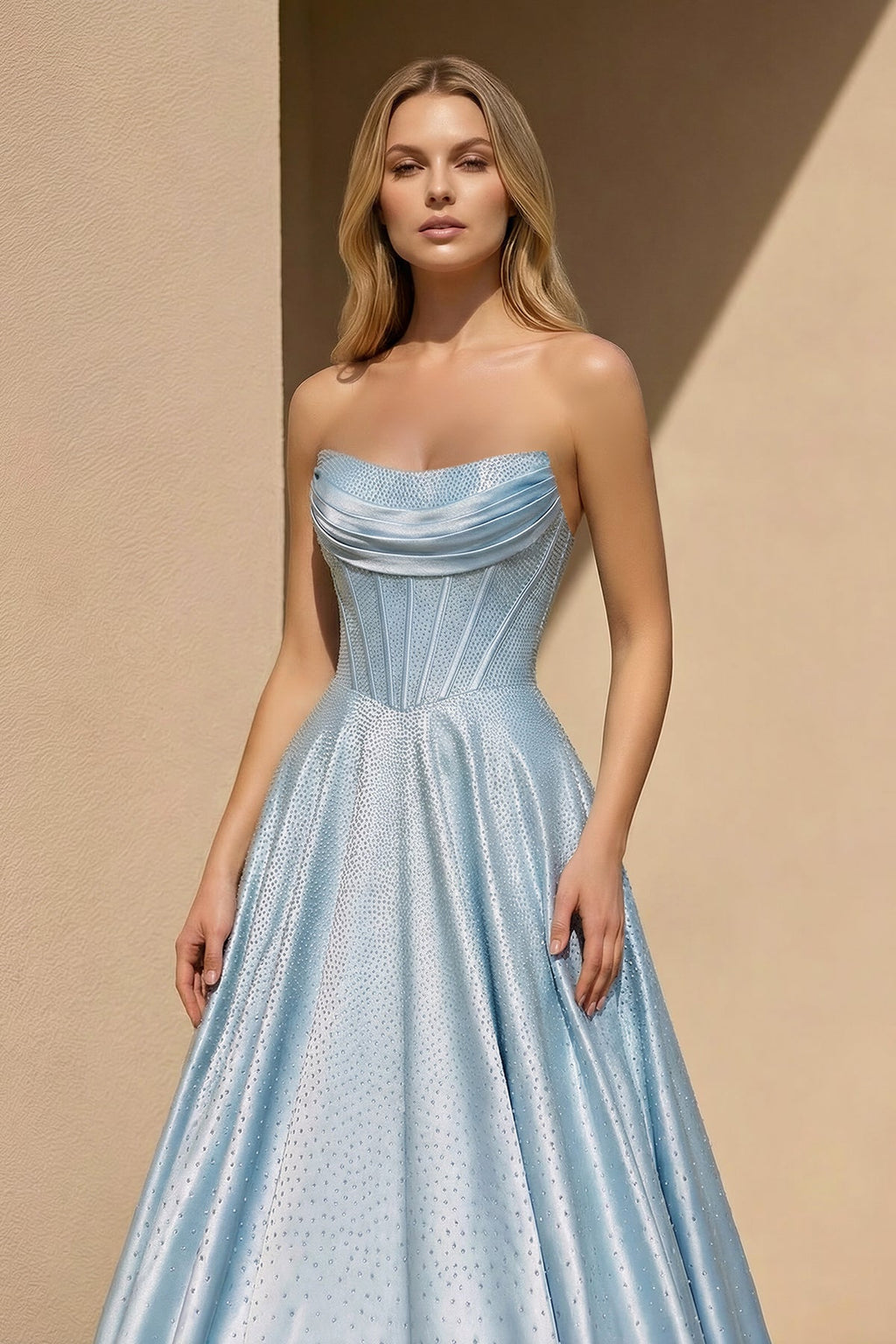 Strapless Satin Prom Dresses With Beading in Sky Blue