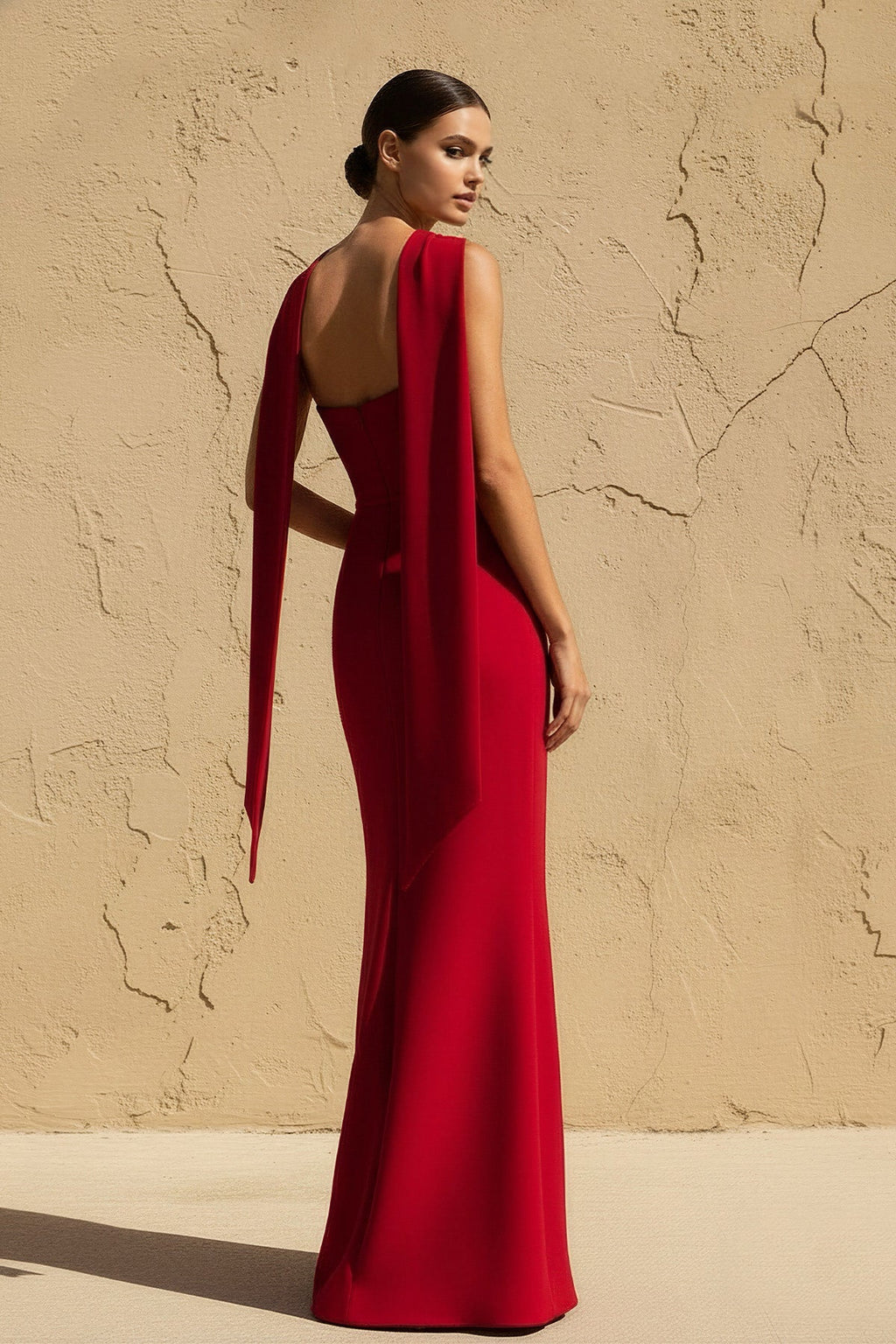 Strapless Scarf-Draped Maxi Dress in Red