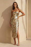 Strapless Sequined Midi Dress in Champagne