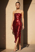 Strapless Sequined Midi Dress in Red