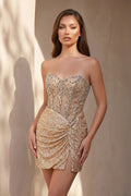 Strapless Sequins Mini Dress With Beading in Champagne