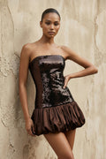 Strapless Sequins Mini Dress With Bubble Hem in Brown