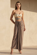 Strapless Sheath Maxi Dress With Cutout in Brown