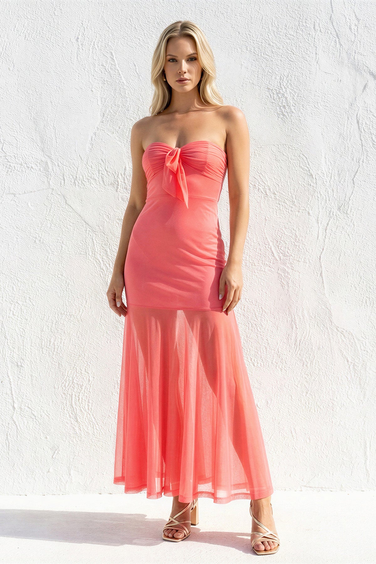 Strapless Sheath Open Back Midi Dress in Coral Pink