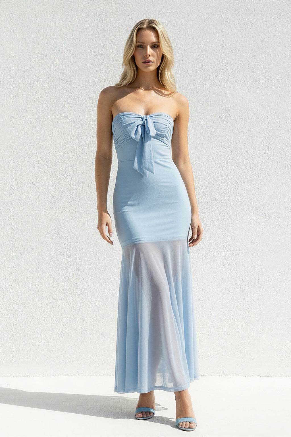 Strapless Sheath Open Back Midi Dress in Sky Blue