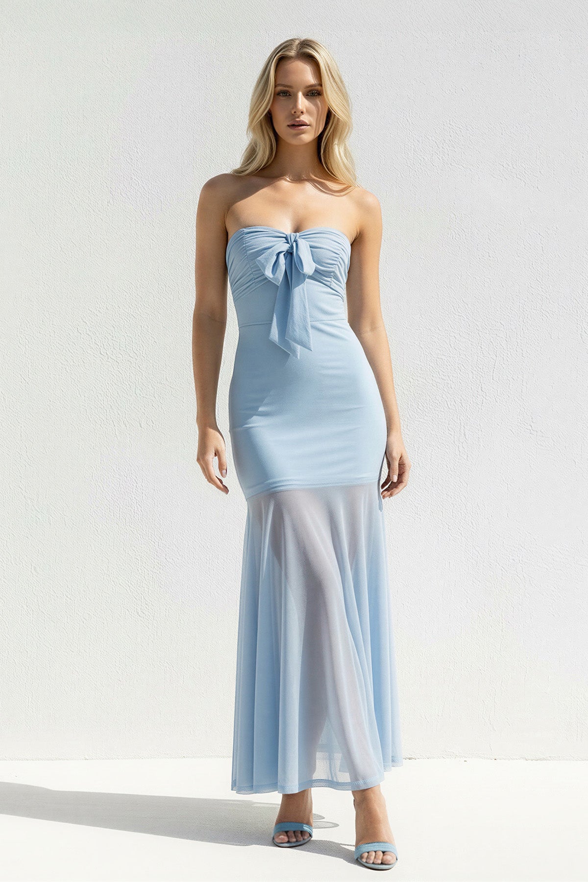 Strapless Sheath Open Back Midi Dress in Sky Blue