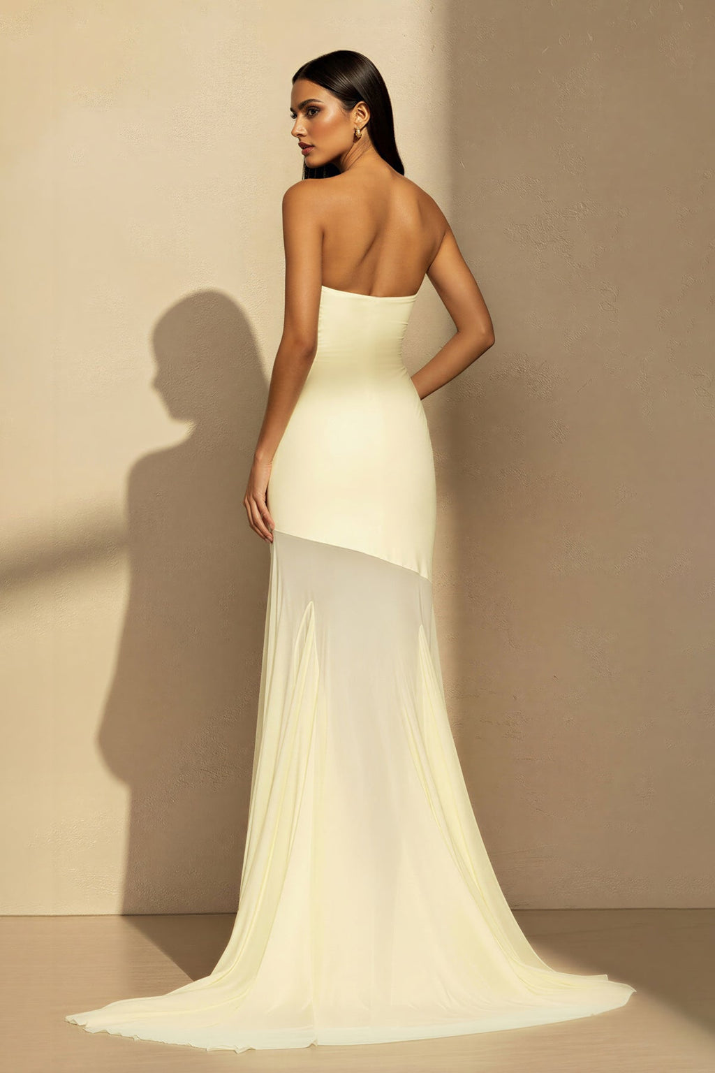 Strapless Sheer-Panel Maxi Dress in Yellow